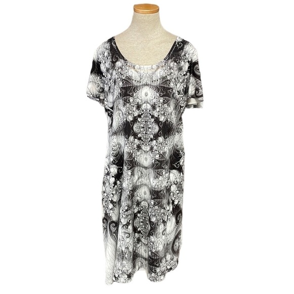 ONE WORLD Dresses & Skirts - One World Dress Womens X Large XL Grey White Short Sleeve Midi Scoop Neck